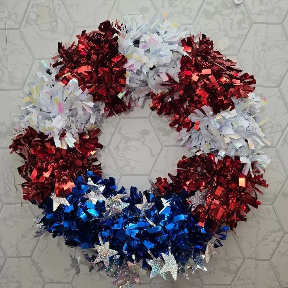 4th of July, Patriotic Stars and Stripes Tinsel Wreath, Red/White/Blue, 16